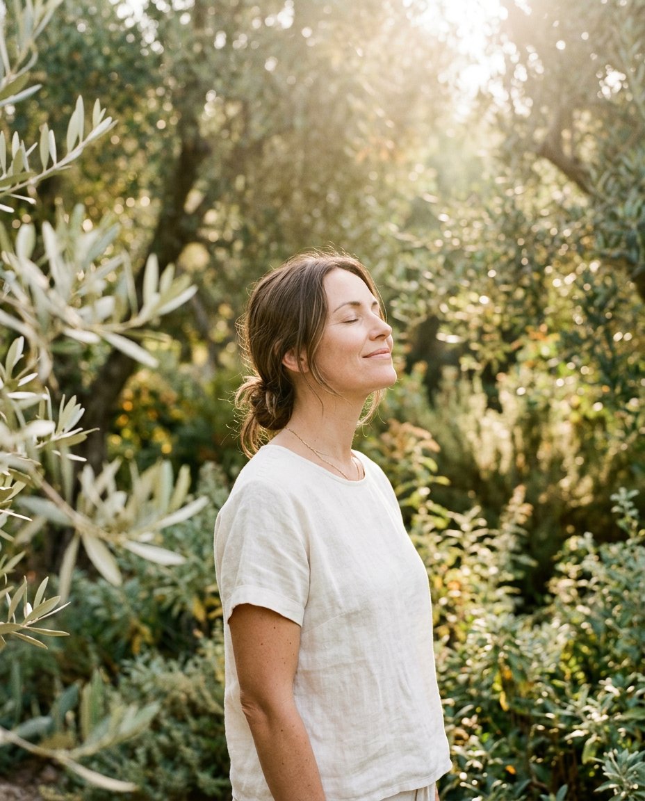 Woman enjoying a peaceful moment in a sunlit garden